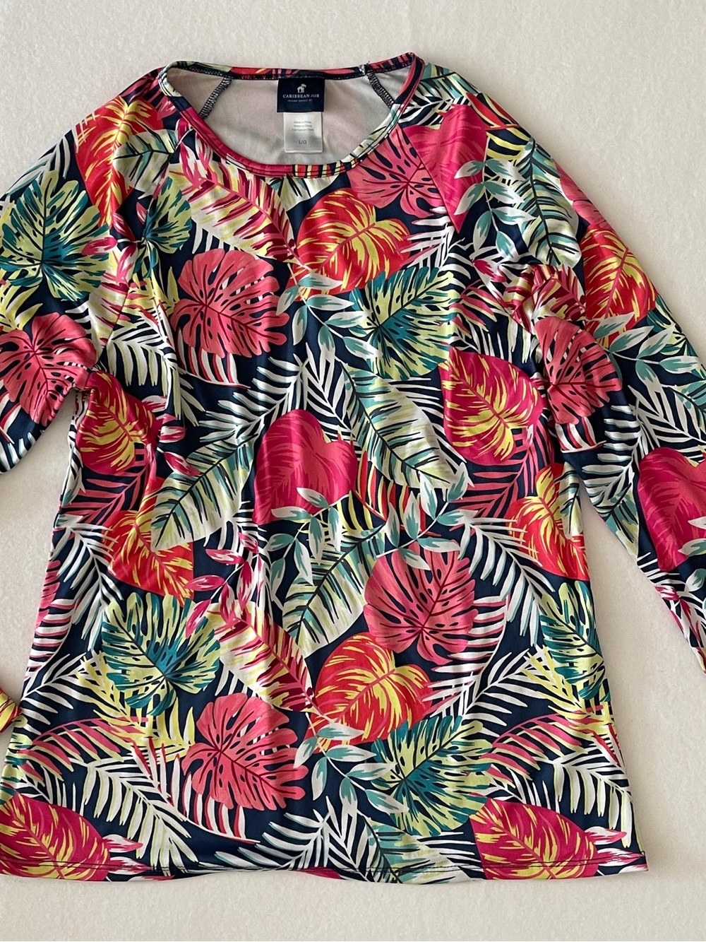 CARIBBEAN JOE Women’s Top LARGE Pink Floral Shirt Sz L Stretch Long Sleeve